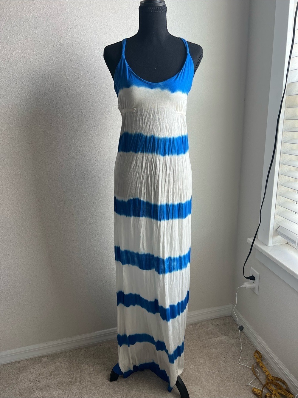 Young Fabulous Broke Blue White Tie Dye Racerback Maxi Dress Sz Small S Raw Hem